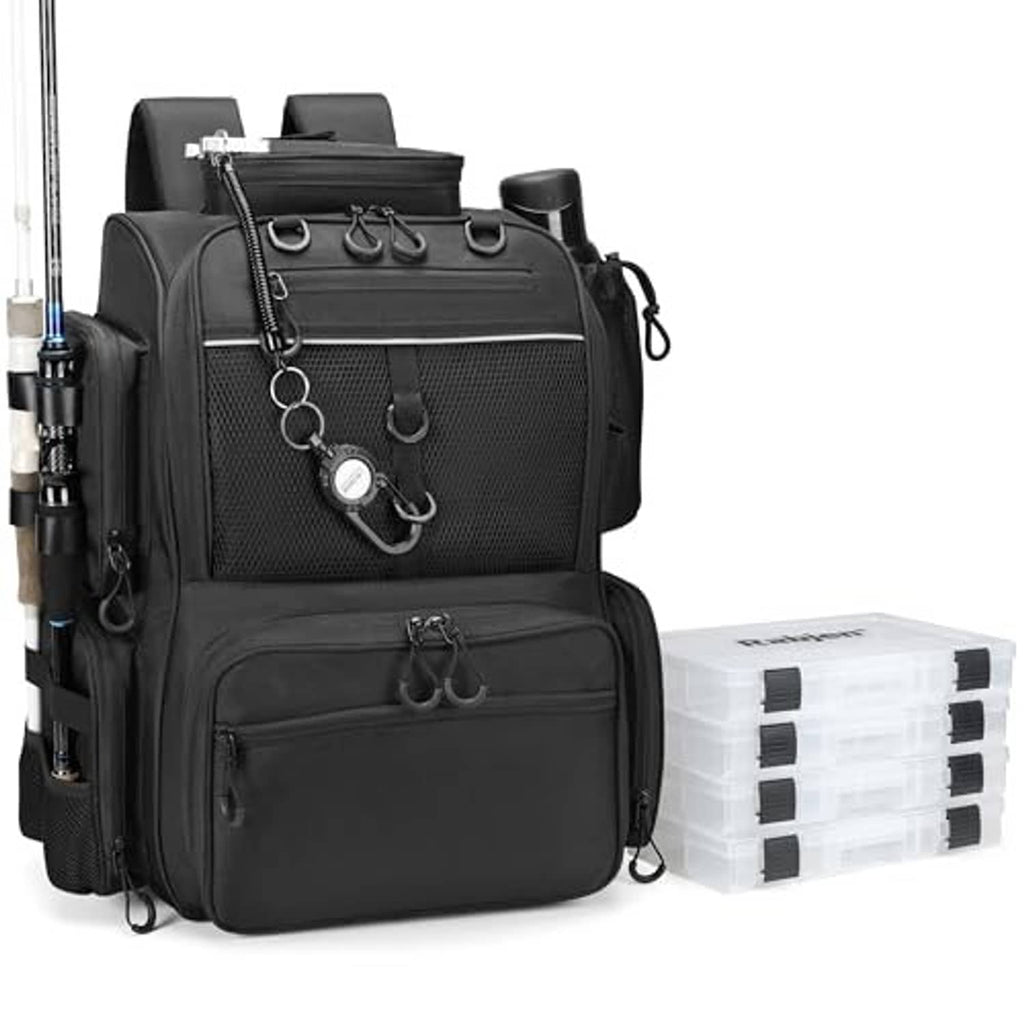 Black fishing tackle backpack with front pockets, mesh panel, and included clear tackle boxes