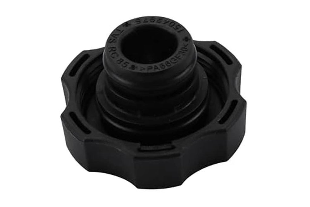 Black plastic radiator cap viewed from above with threaded opening
