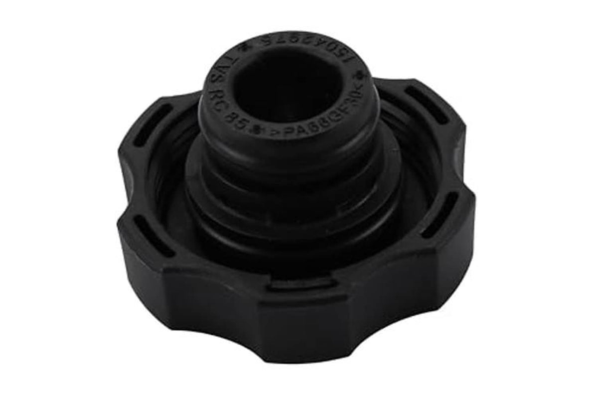 Black plastic radiator cap viewed from above with threaded opening