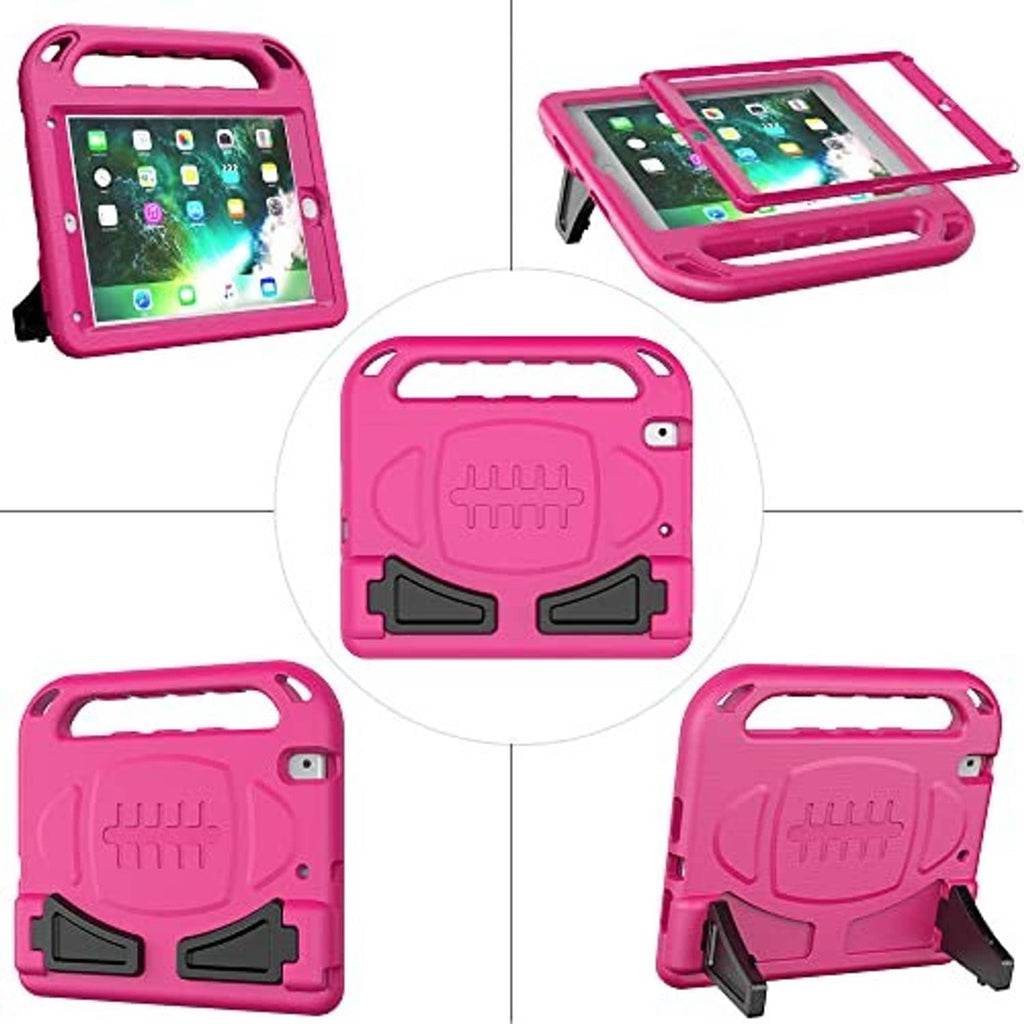 Pink kids iPad case shown in multiple views with handle and kickstand feet