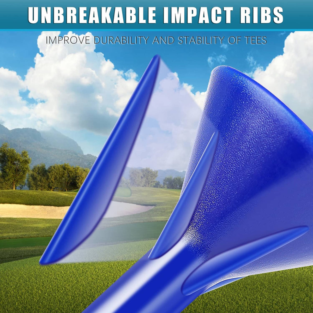 Blue plastic golf tee close-up with ribbed impact design
