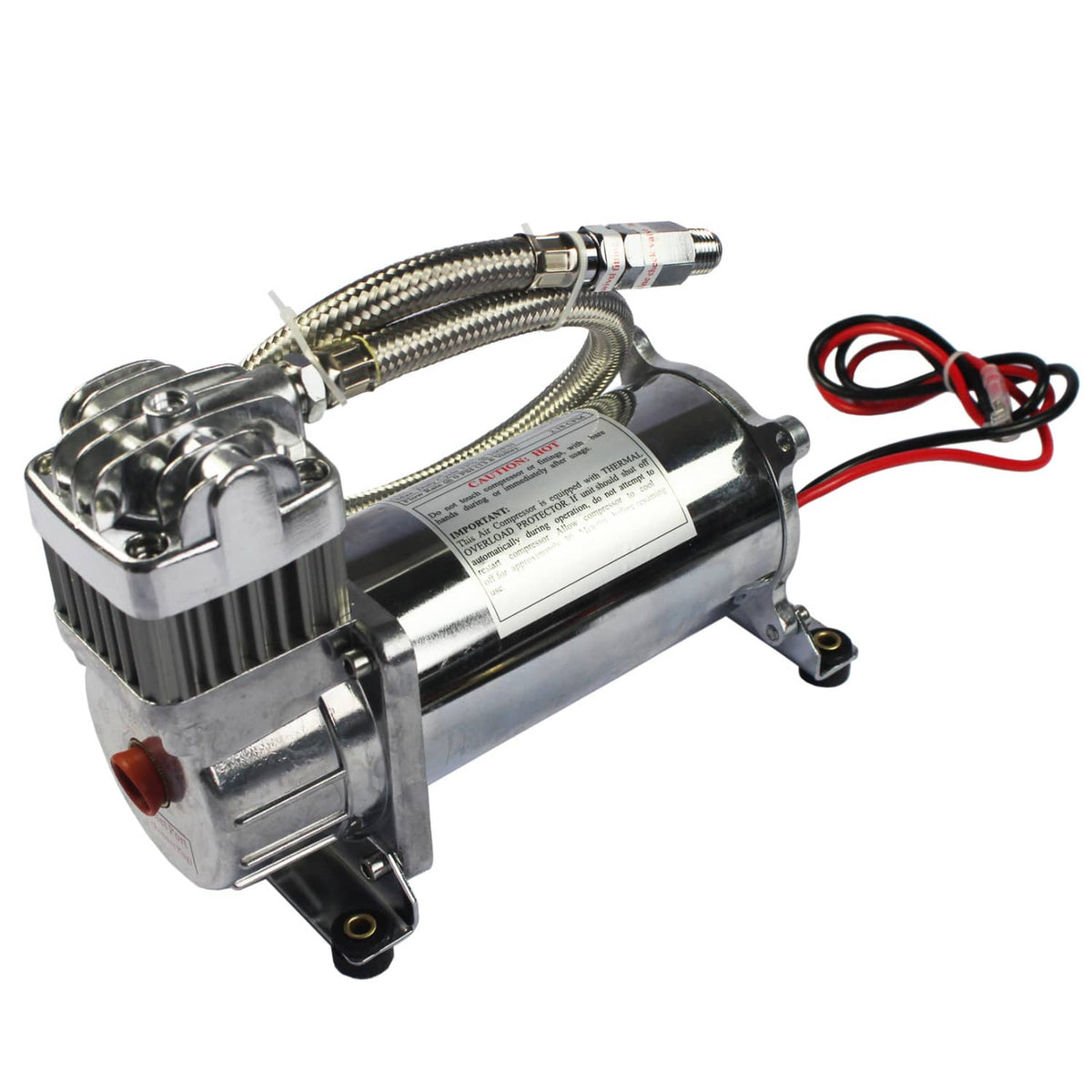 Onboard air compressor assembly with chrome housing, braided hoses, and wiring