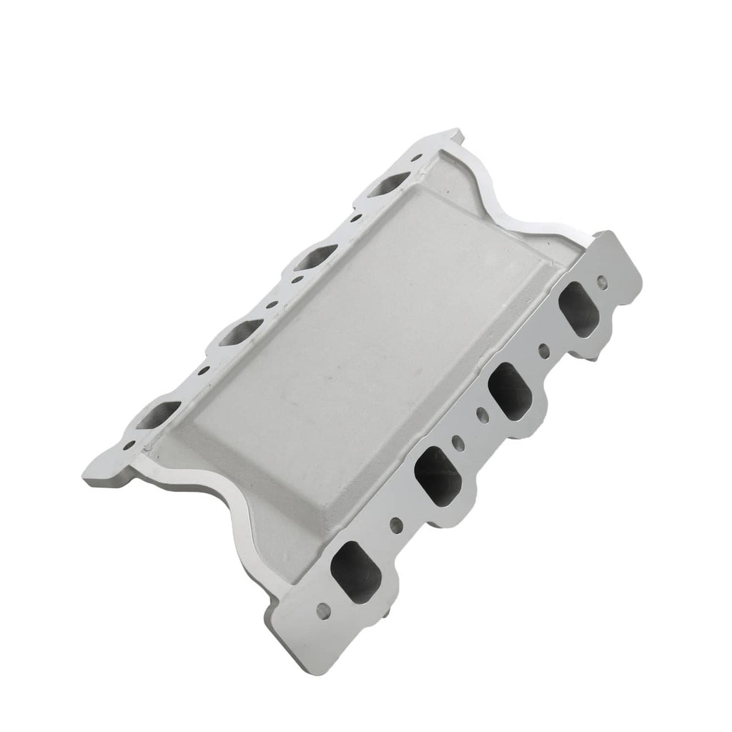 Engine intake manifold cover plate, silver-gray with mounting tabs and holes