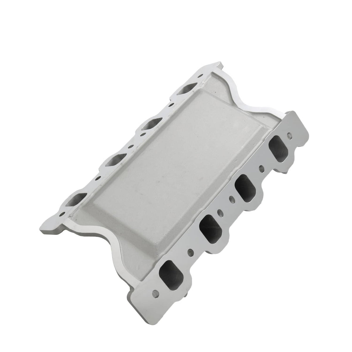 Engine intake manifold cover plate, silver-gray with mounting tabs and holes