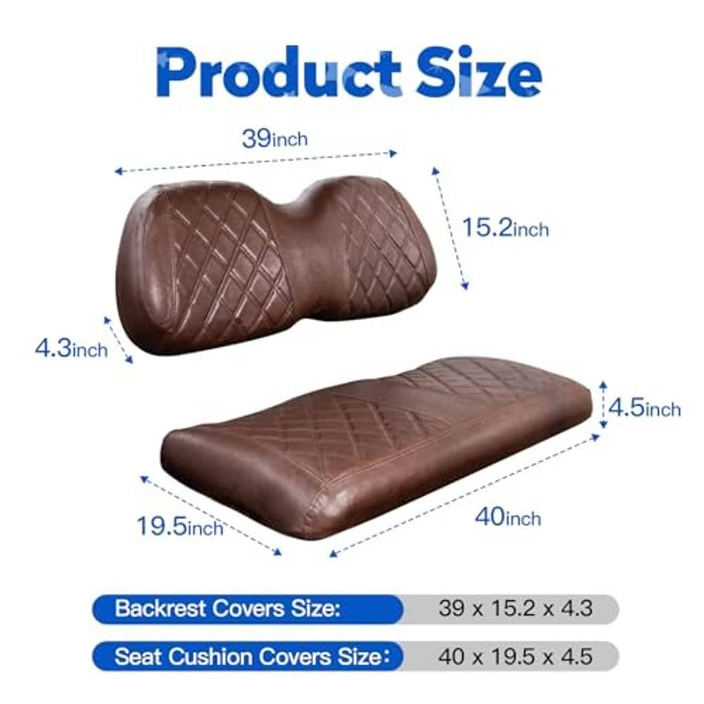 Brown diamond-quilt seat cover set size chart showing backrest and seat cushion