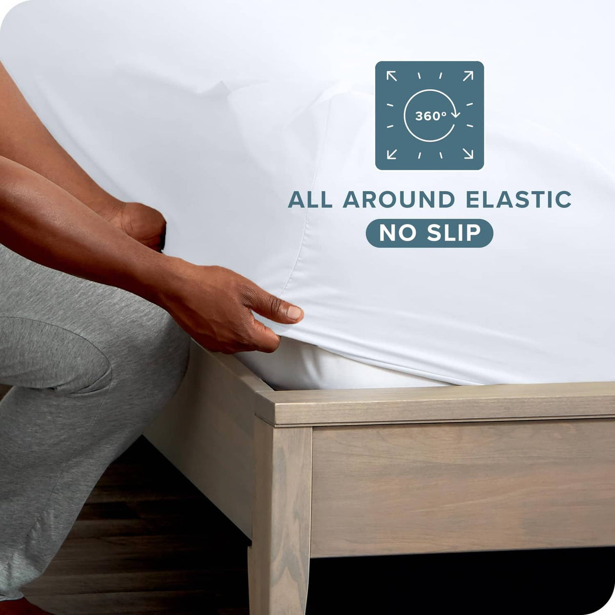 White fitted sheet with all-around elastic corner for snug, no-slip fit
