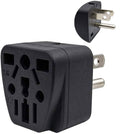 Black travel plug adapter with two metal pins and three-prong US outlet