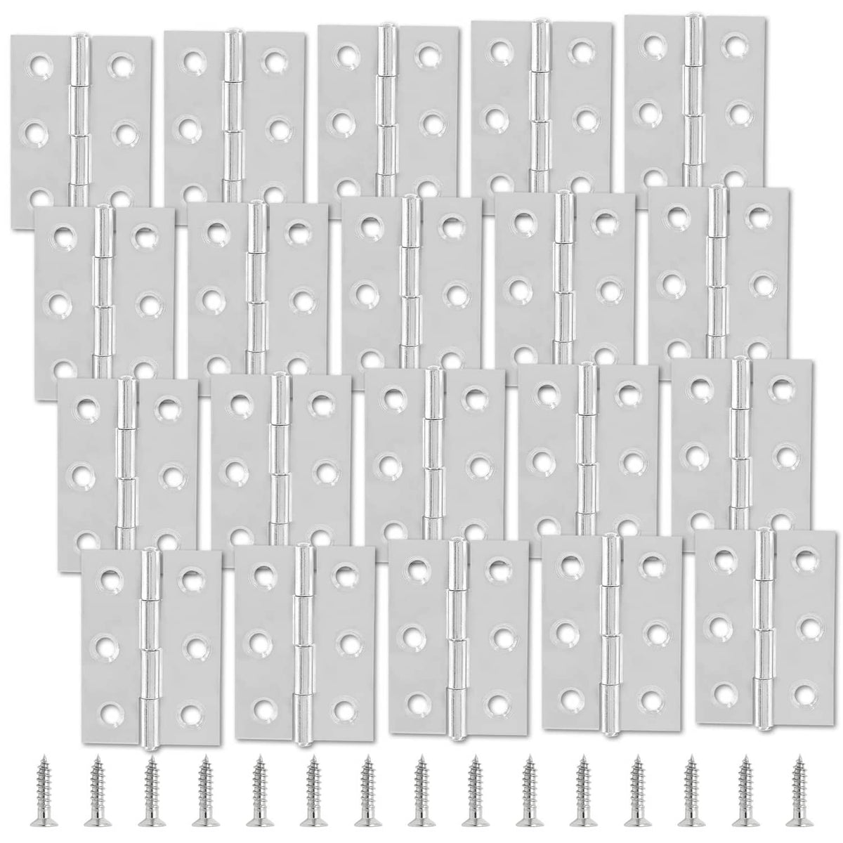 Set of stainless steel butt hinges with central pin and round screw holes