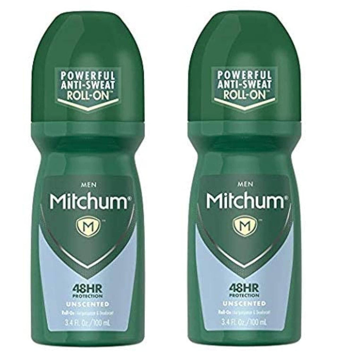 Green Mitchum men roll-on antiperspirant, unscented, two bottles, 48hr protection