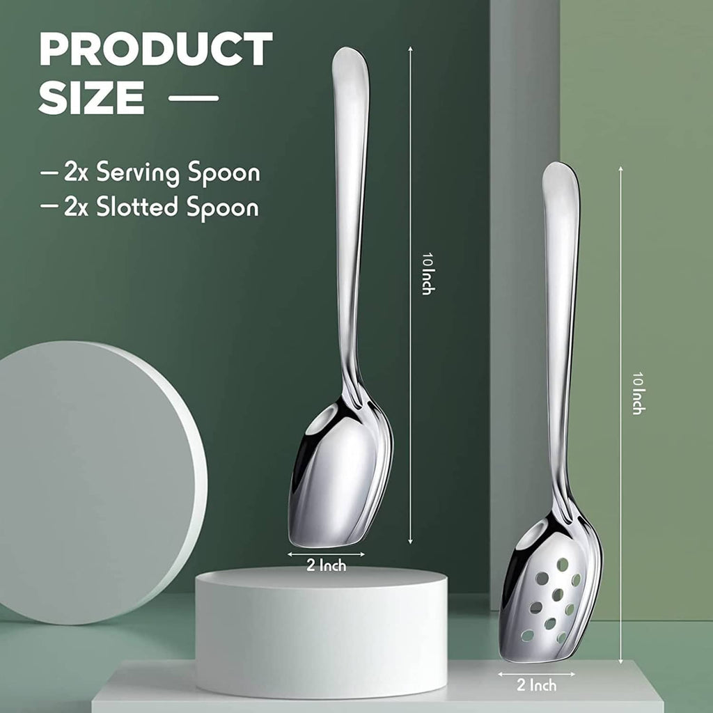 Silver serving and slotted spoon set, long handles with flat bottoms
