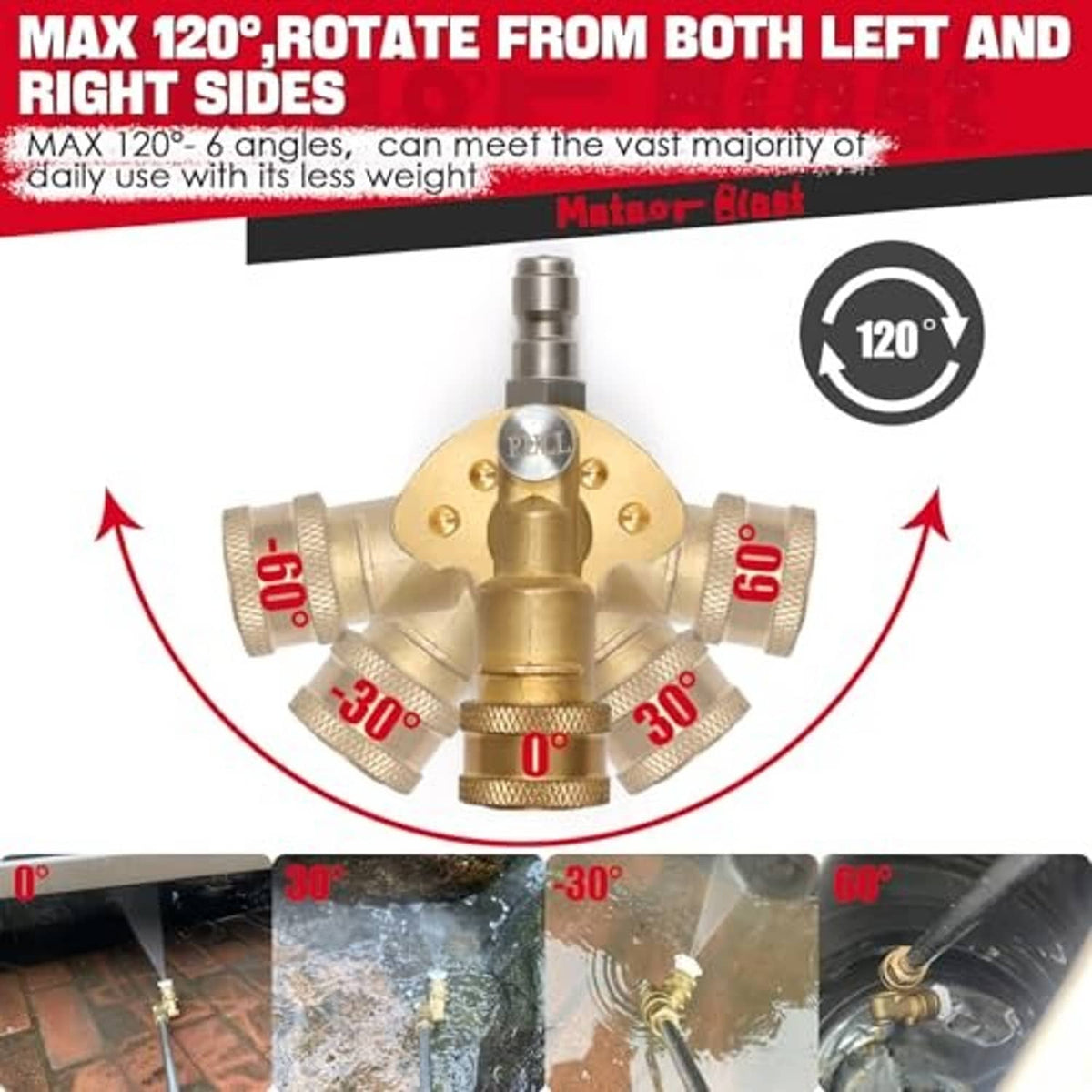 Brass pivoting coupler diagram showing 120-degree rotation angles around the joint