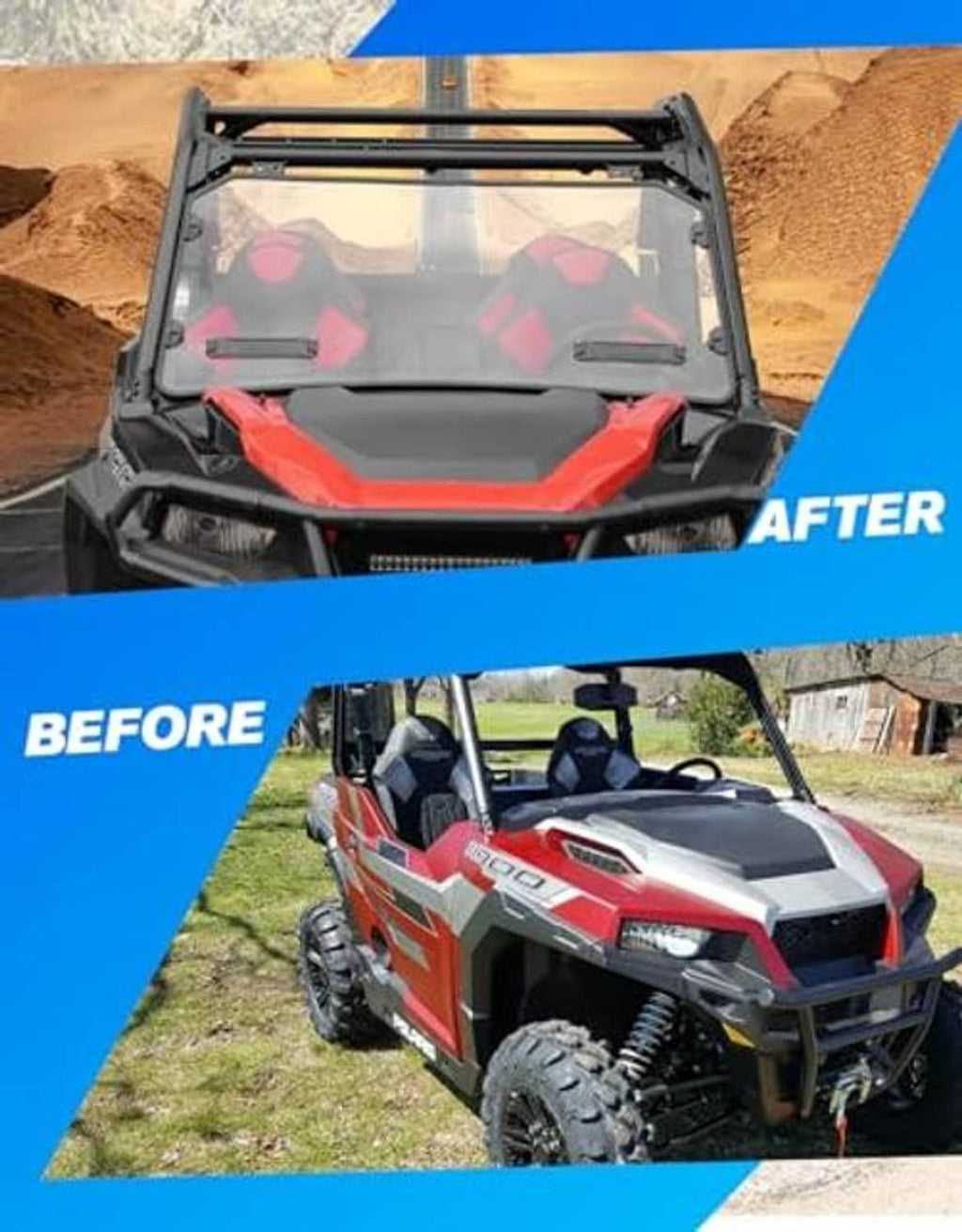 After-and-before view of front windshield on off-road UTV with black frame