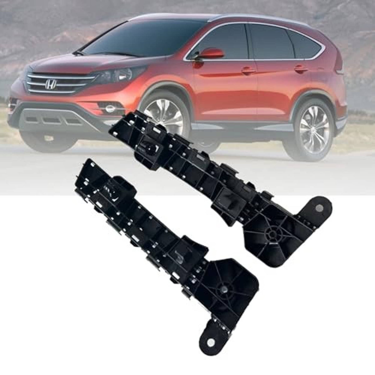 Two black front bumper brackets with round mounting openings and clip-style tabs