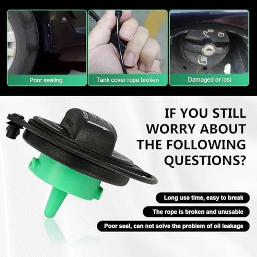 Fuel cap replacement with black outer cover and green seal, plus tether cord