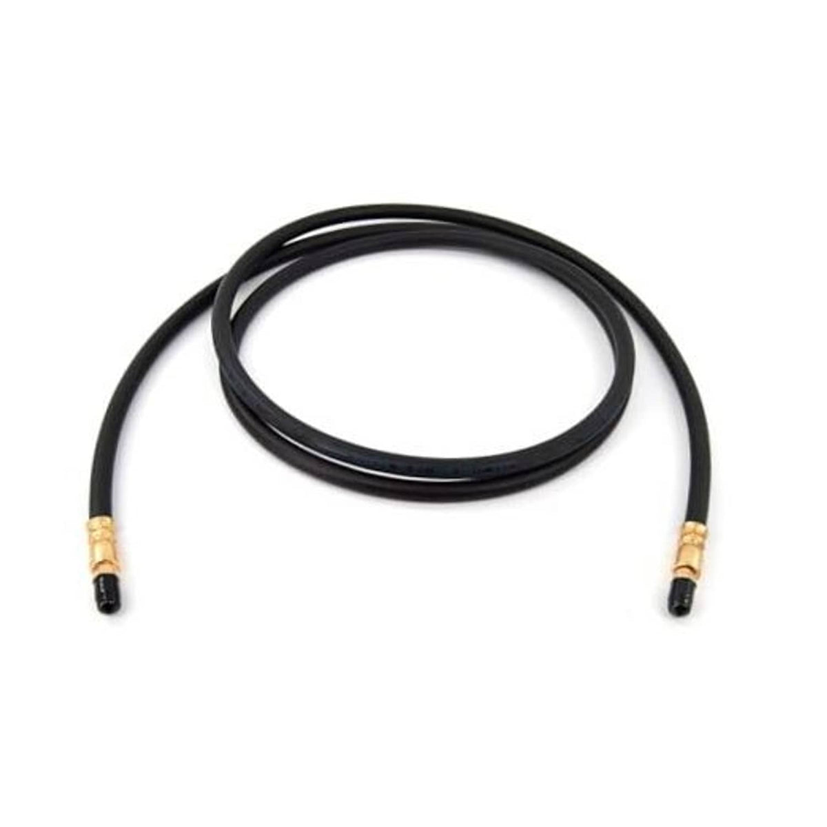 Flexible black rubber brake hose with brass fittings and end connector caps