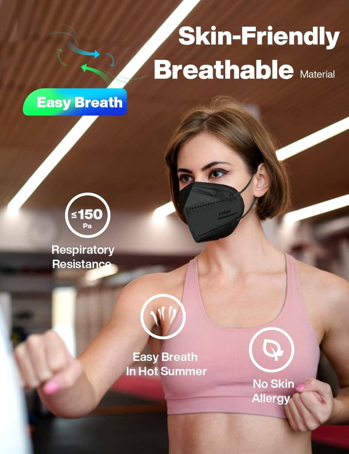 Black KN95 face mask on a woman, designed for easy breathing