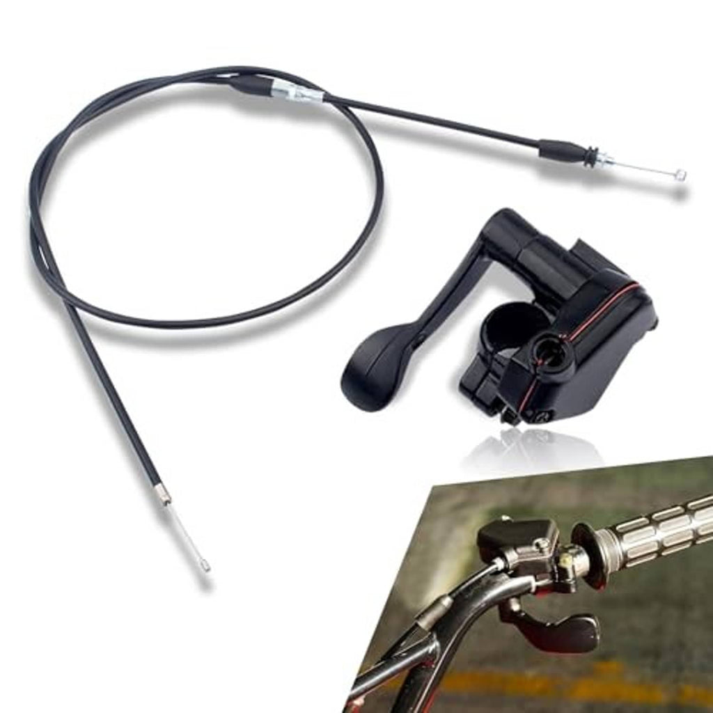 Motorcycle thumb throttle cable set with black thumb lever and silver cable ends