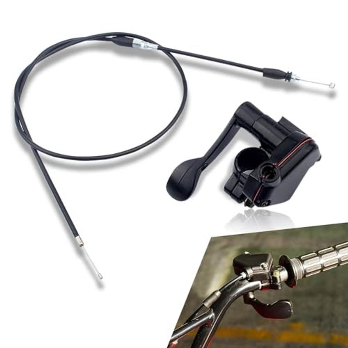 Motorcycle thumb throttle cable set with black thumb lever and silver cable ends