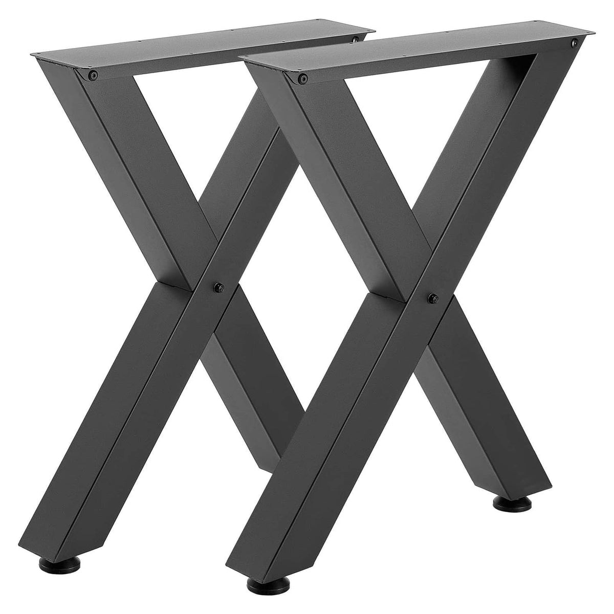 Pair of black steel X-frame table legs with mounting plates and leveling feet, front view