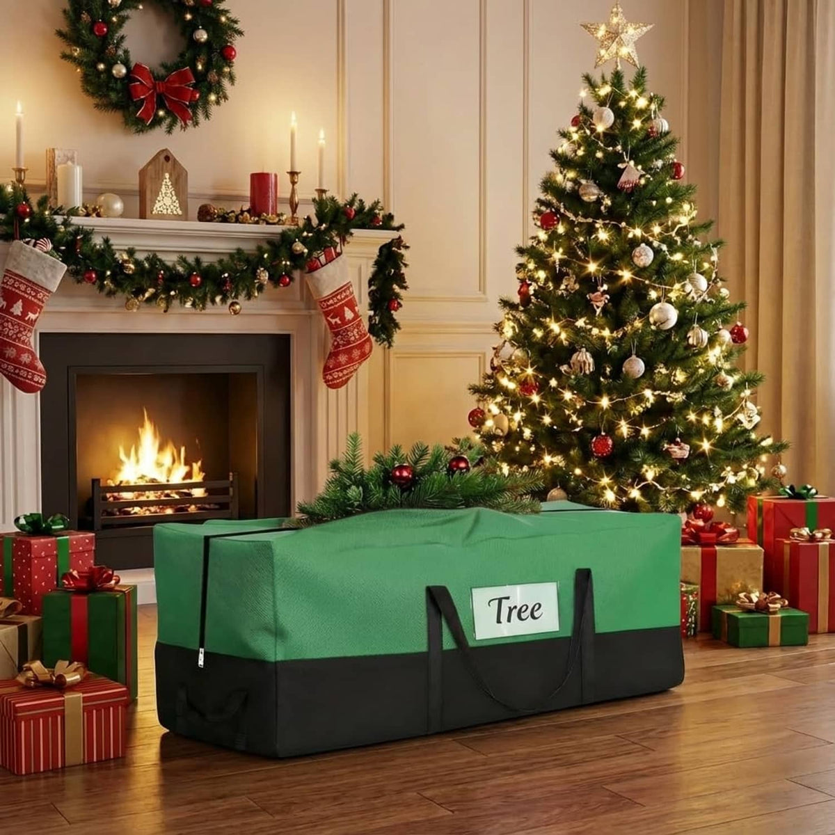 Green Christmas tree storage bag with black panels and carry handles