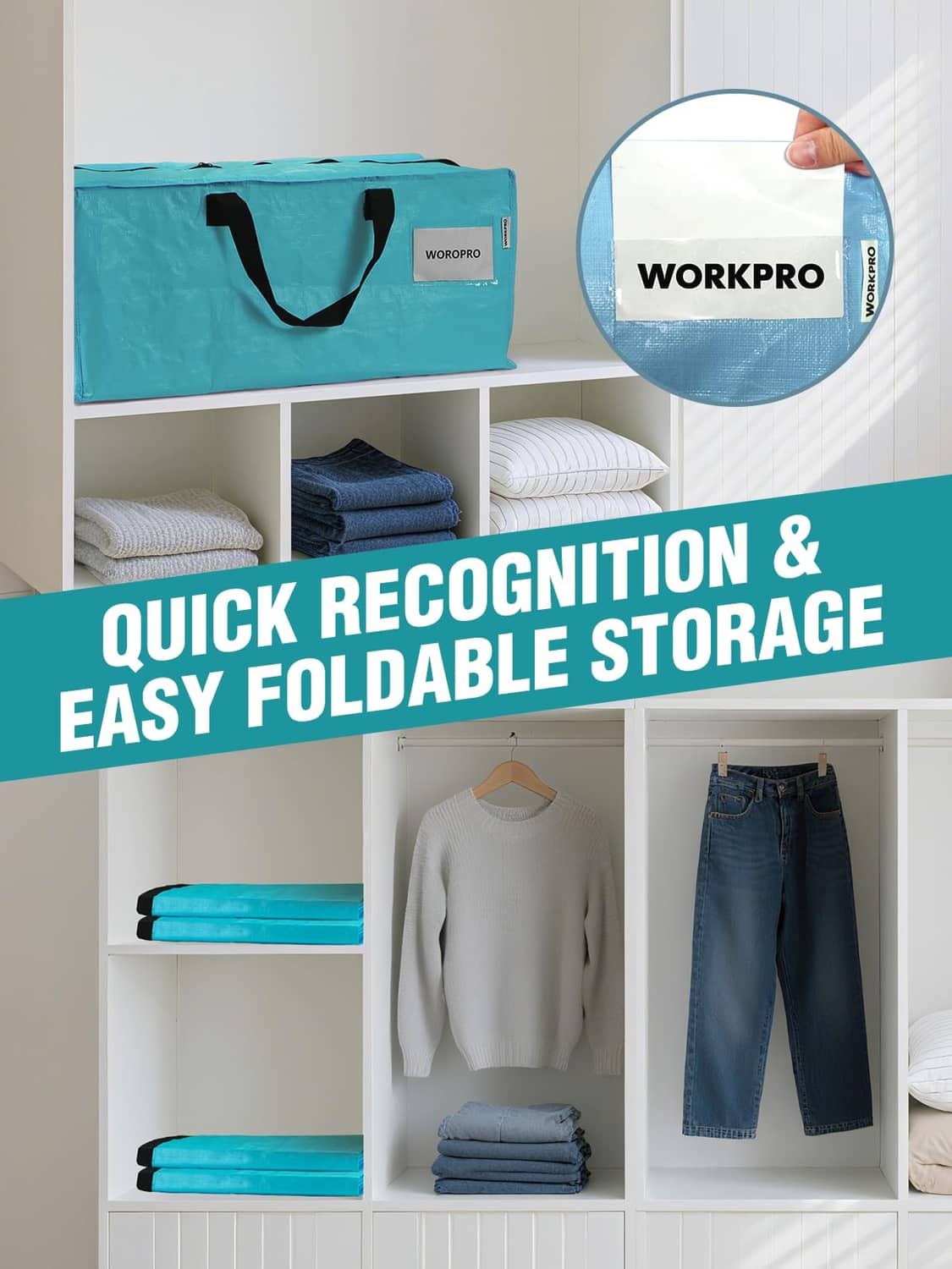 Turquoise foldable moving bag with black handles, stored in a closet shelf