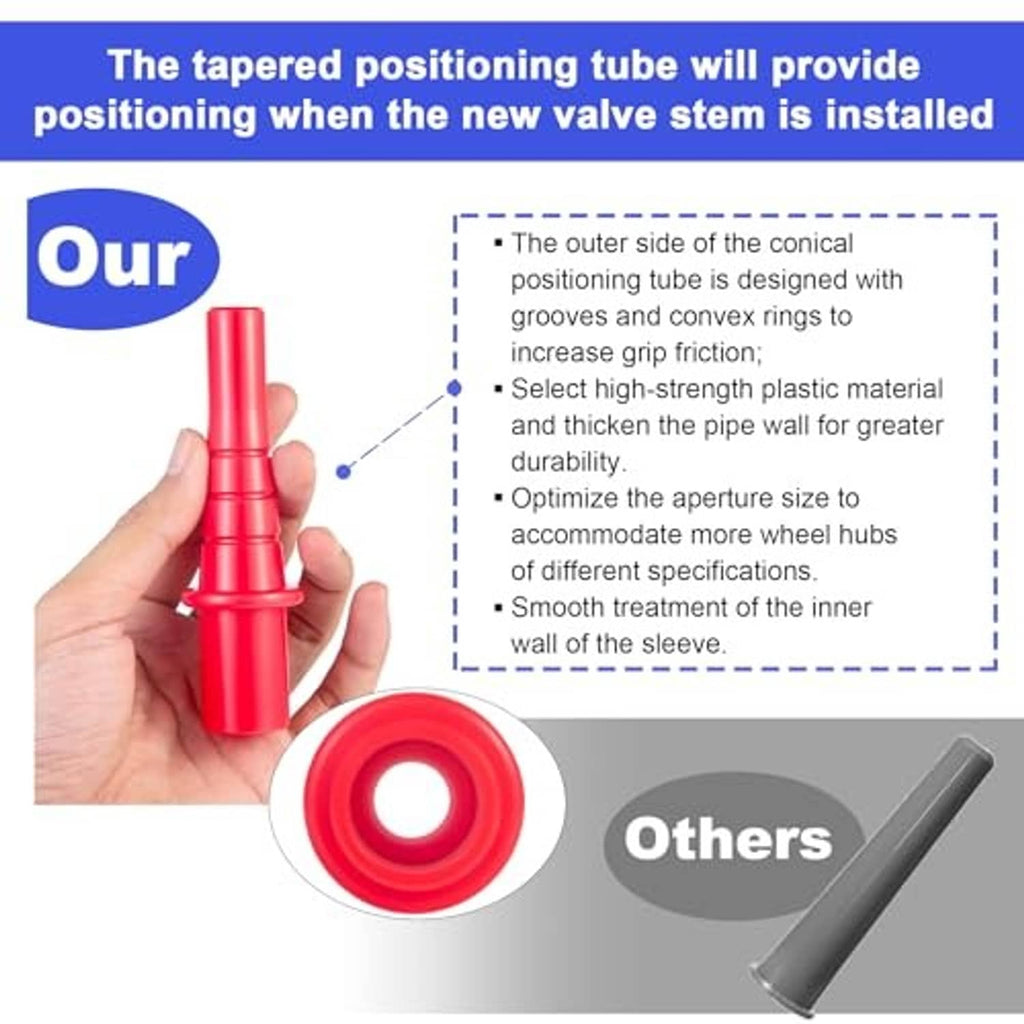 Tapered positioning tube and red rubber base for installing new tire valve stems