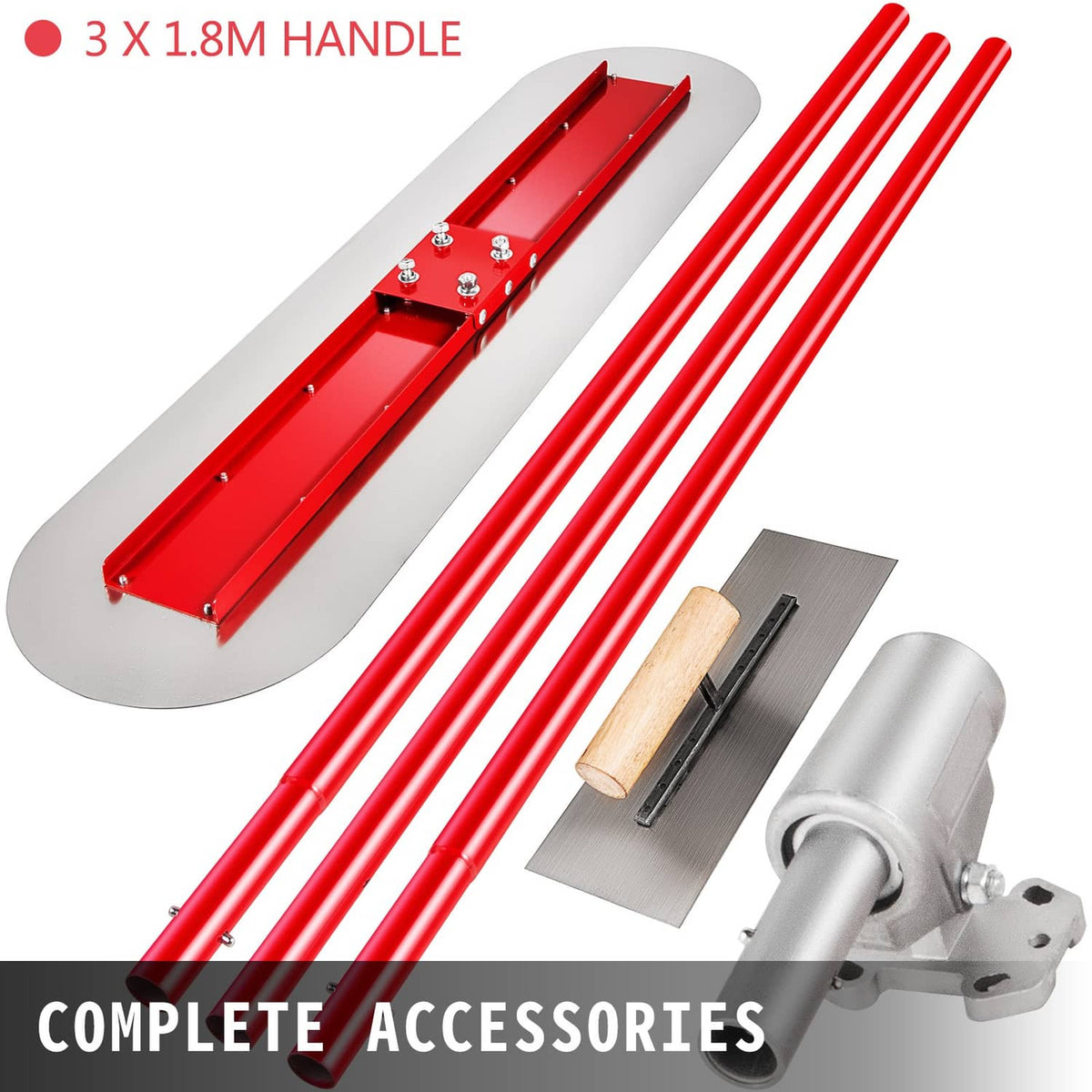 Concrete bull float with red deck, three red rods, and gray handle assembly