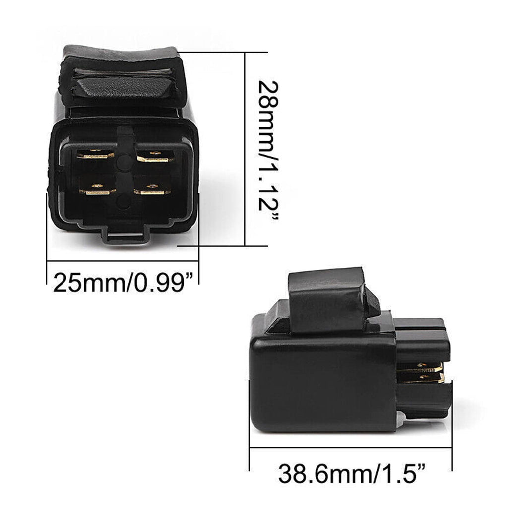 Fuel pump fan off relay, side and front views with gold pin connector