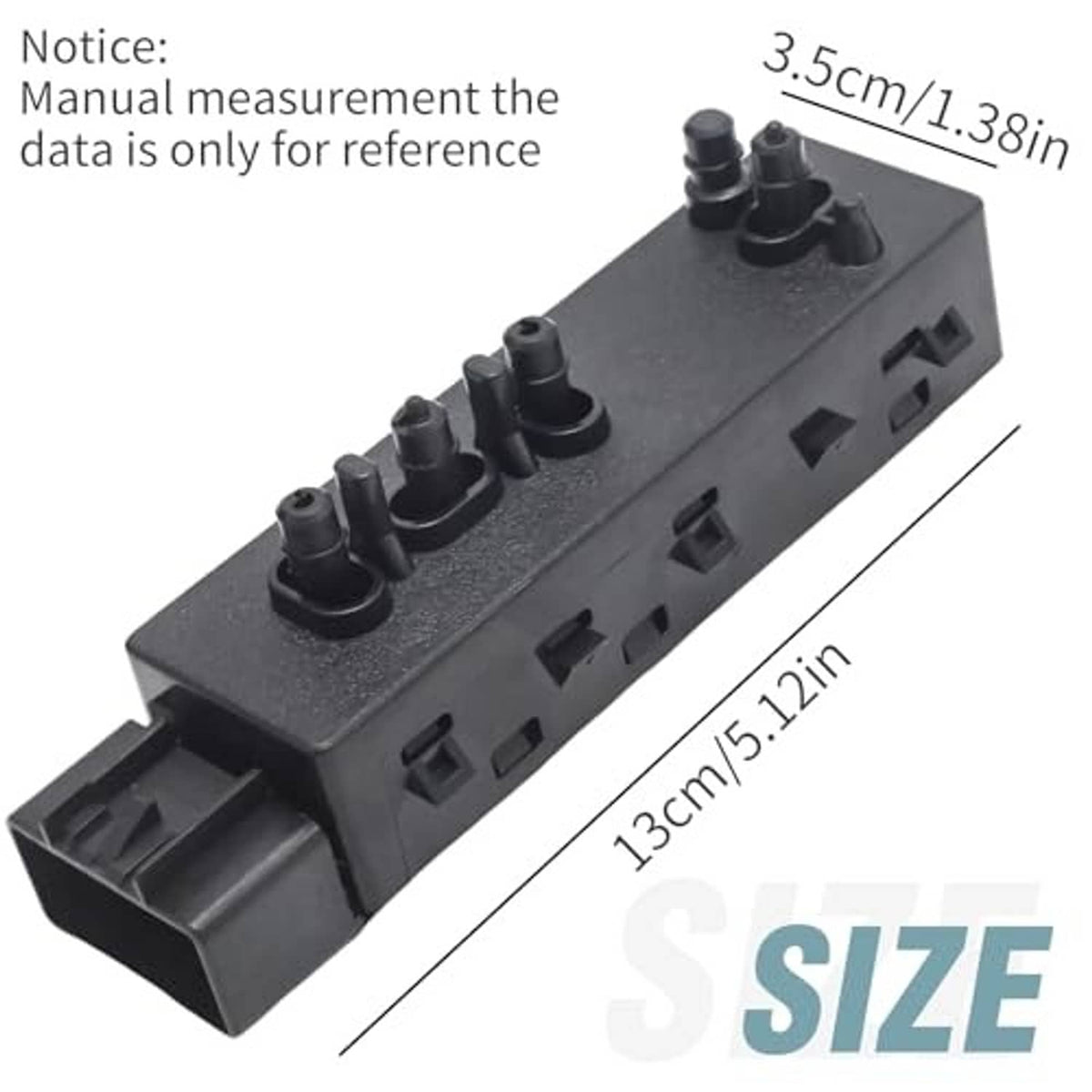 Power seat recliner adjustment switch module with five black knob caps and side connectors