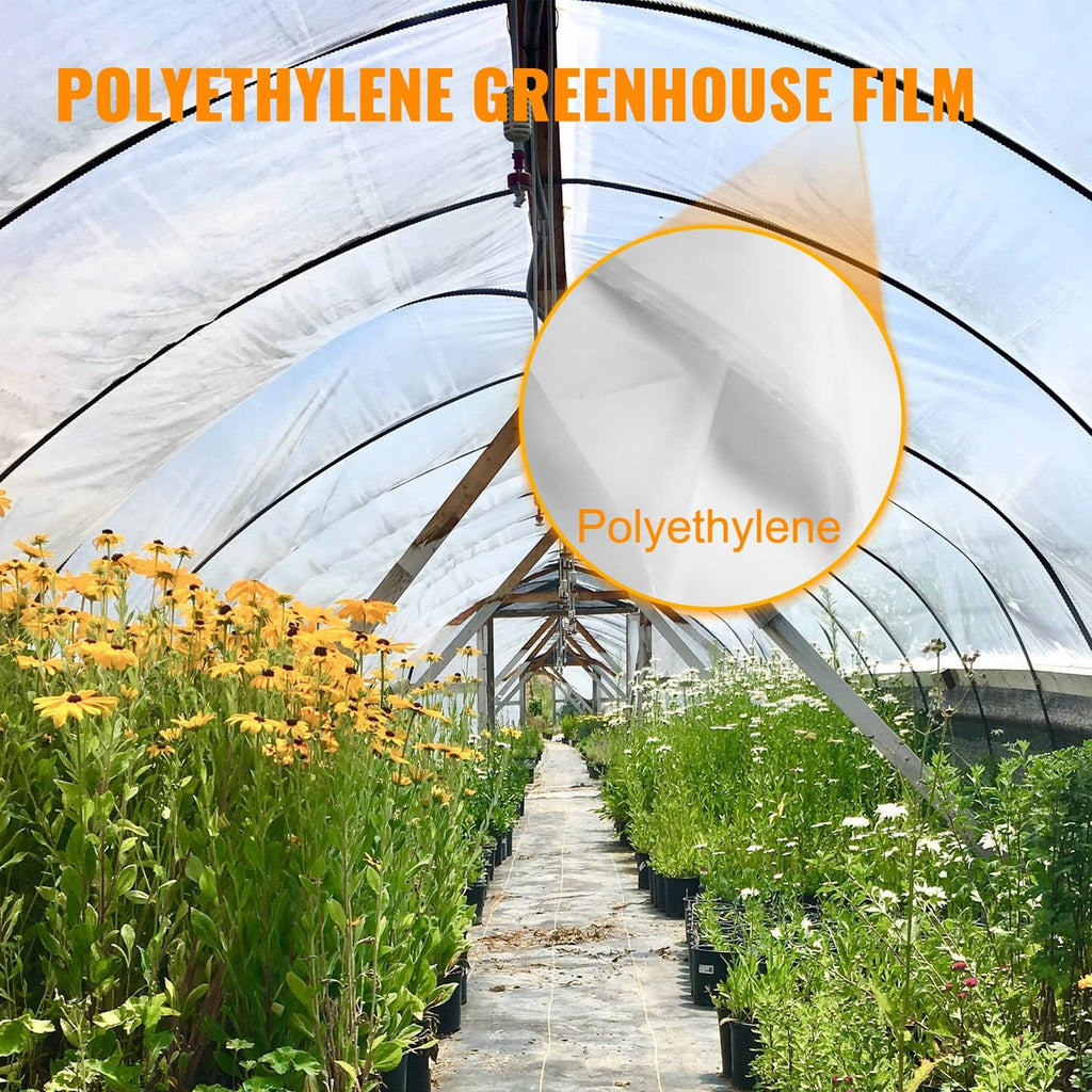 White polyethylene greenhouse film draped over hoops, arched tunnel roof covering