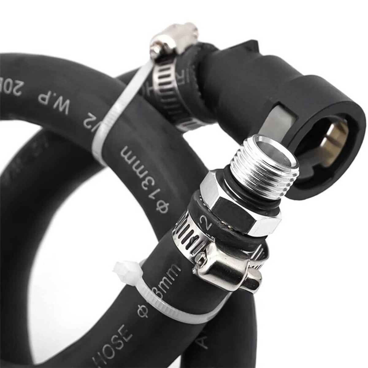 Black oil catch can hoses with threaded metal fittings and clamp-style connectors