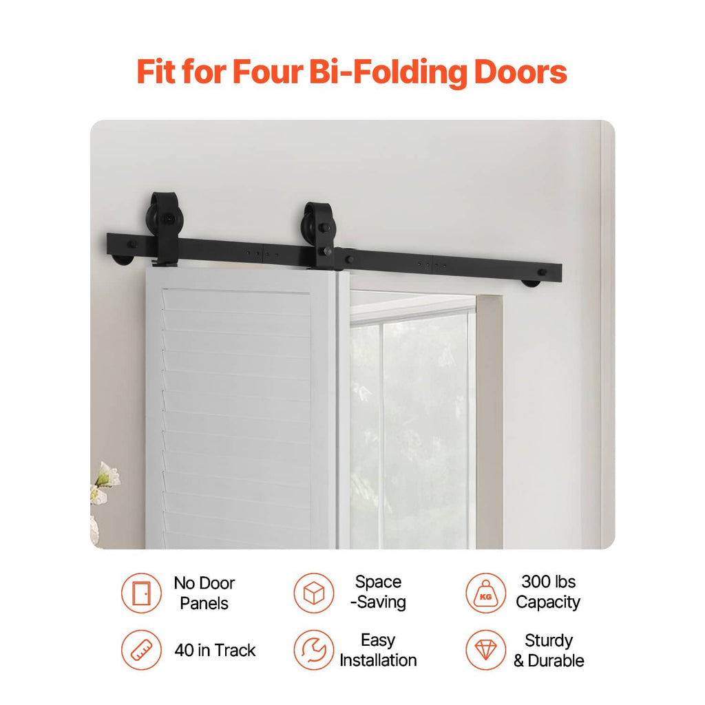 Bi-fold sliding door track rail with black roller hangers mounted above white folding doors