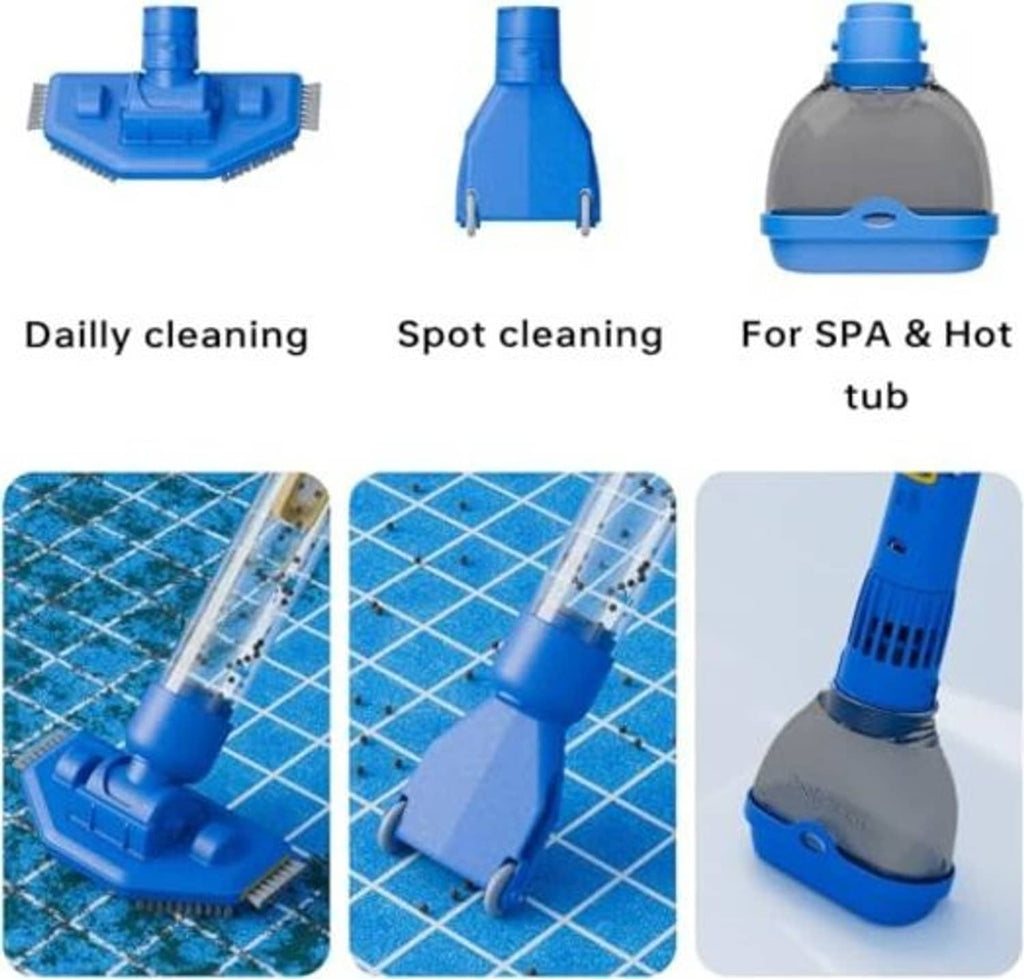 Cordless pool vacuum kit with three blue cleaning heads and attachment pieces