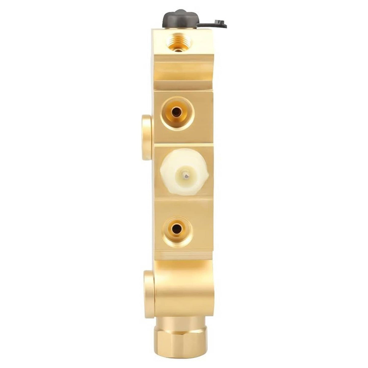 Brass proportioning valve with stacked threaded ports and white actuator