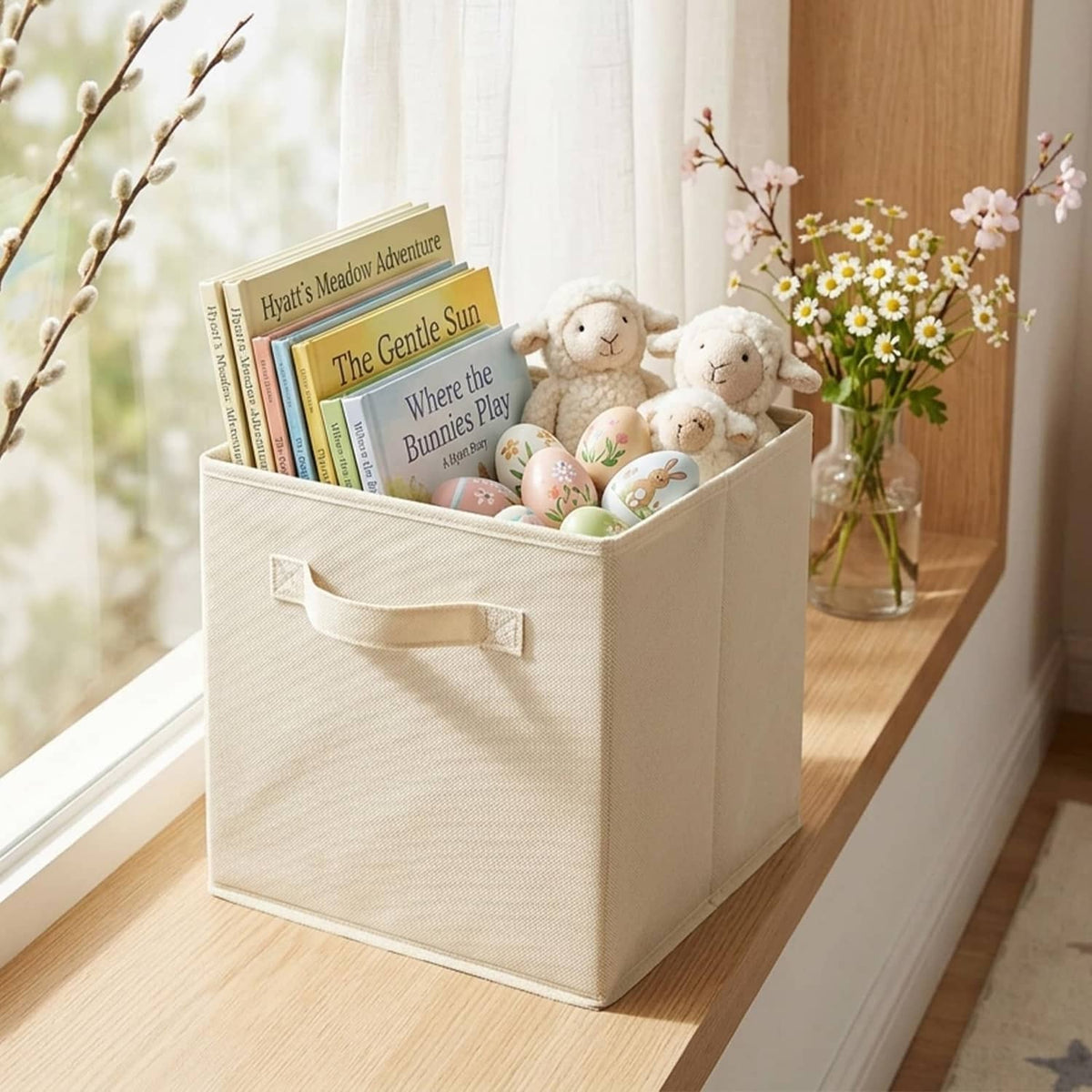 Beige foldable fabric storage cube with front handle, open top