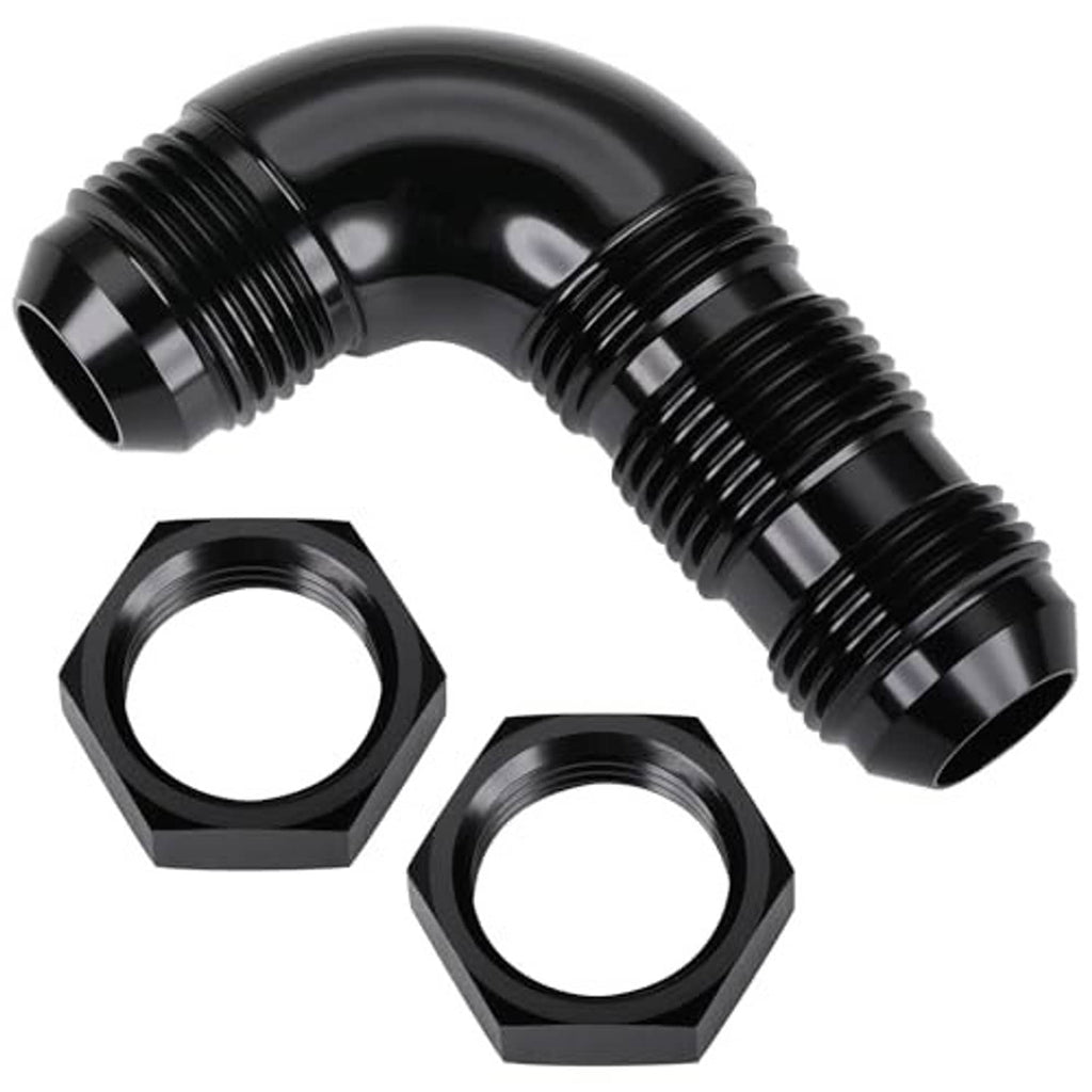 Black 90-degree flare fitting adapter with male threaded ends and two hex nuts, angled