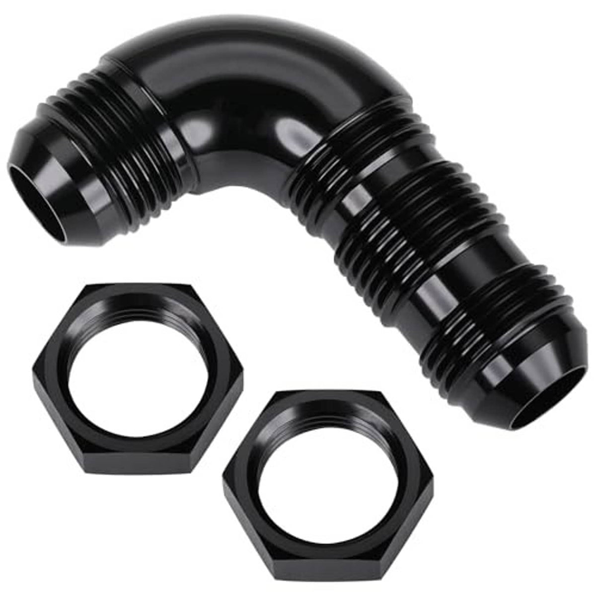 Black 90-degree flare fitting adapter with male threaded ends and two hex nuts, angled
