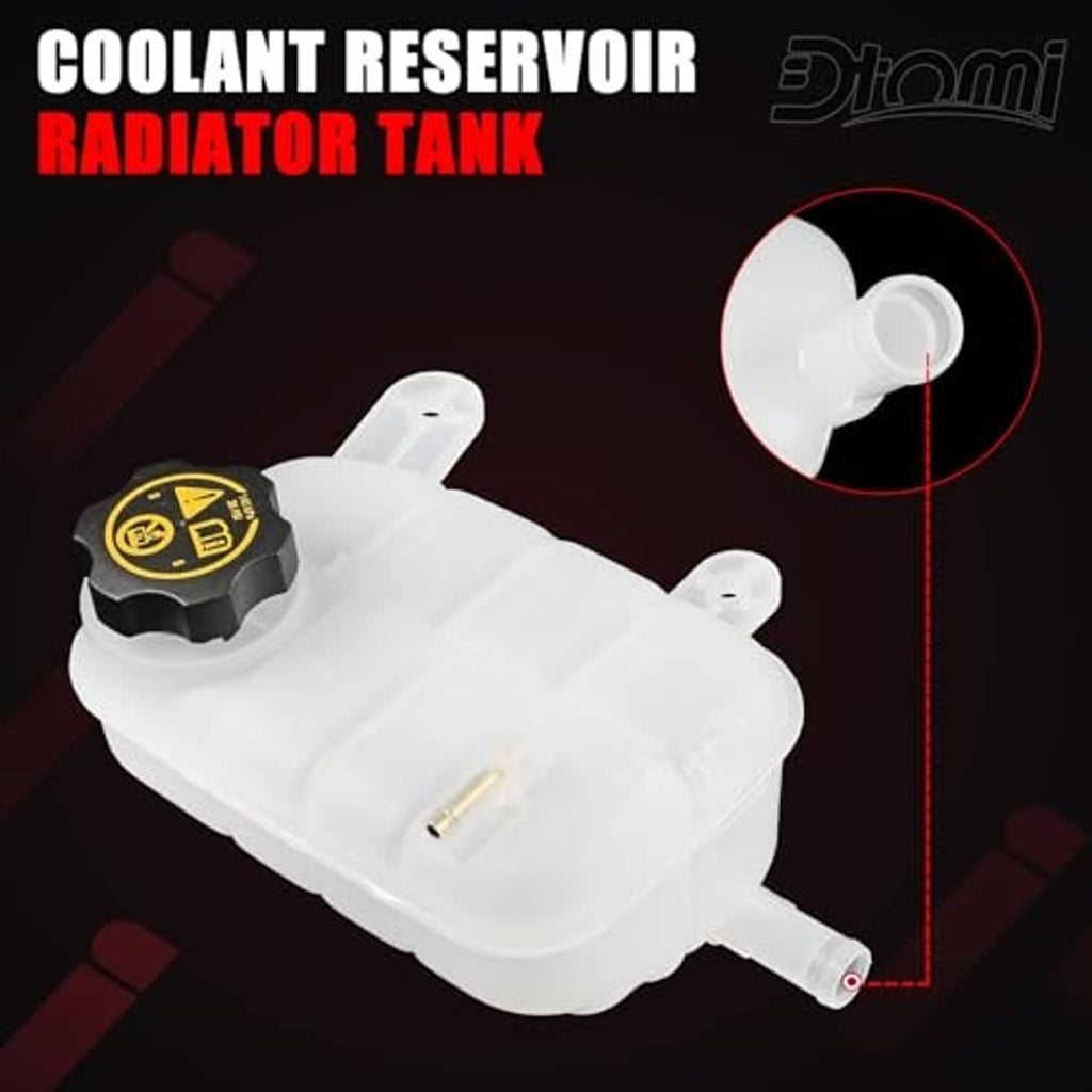 White coolant overflow reservoir tank with black cap and outlet, top view with measurements