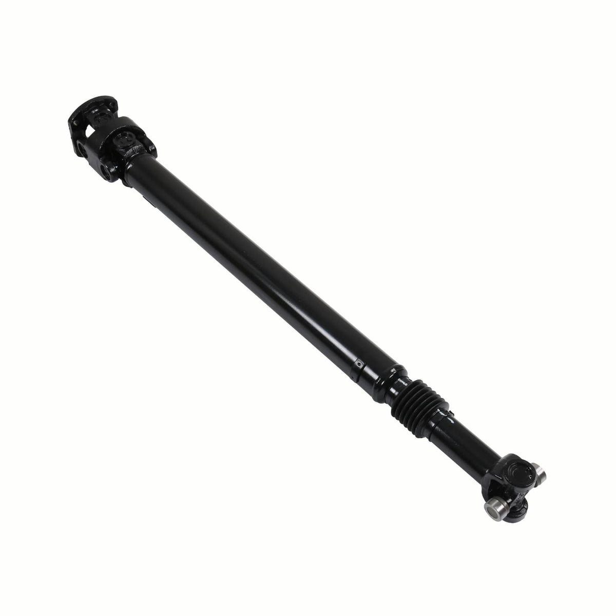 Front driveshaft prop shaft, black with rubber booted joint and end flange fitting