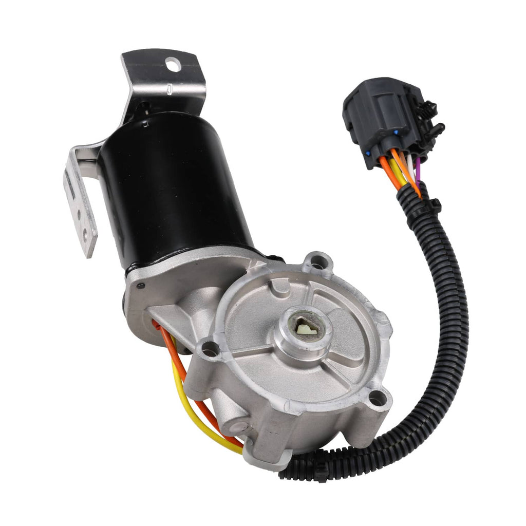Transfer case shift motor with wiring harness, gray housing, and mounting bracket