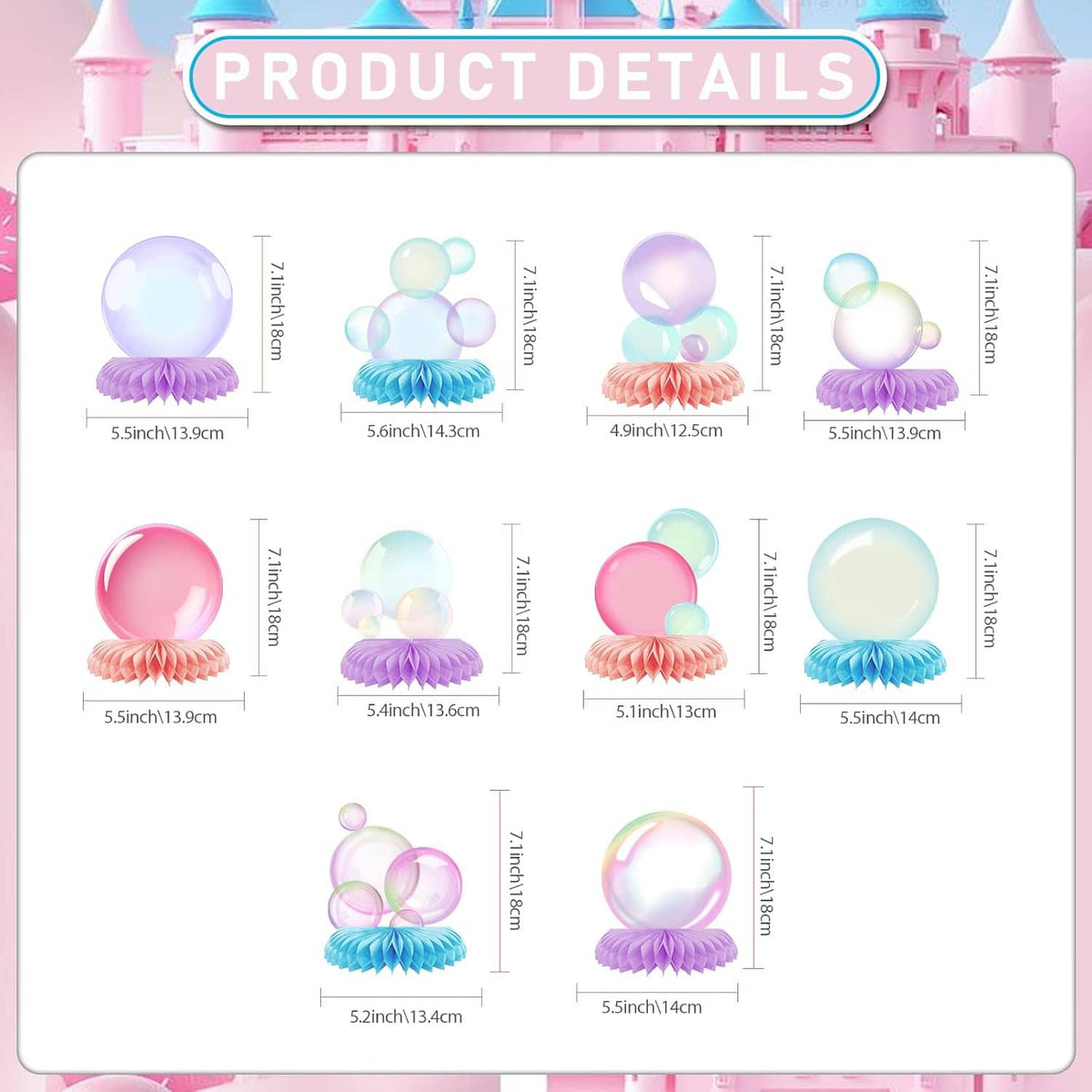 Bubble honeycomb centerpiece set layout, shows pink, blue, and purple balloon designs