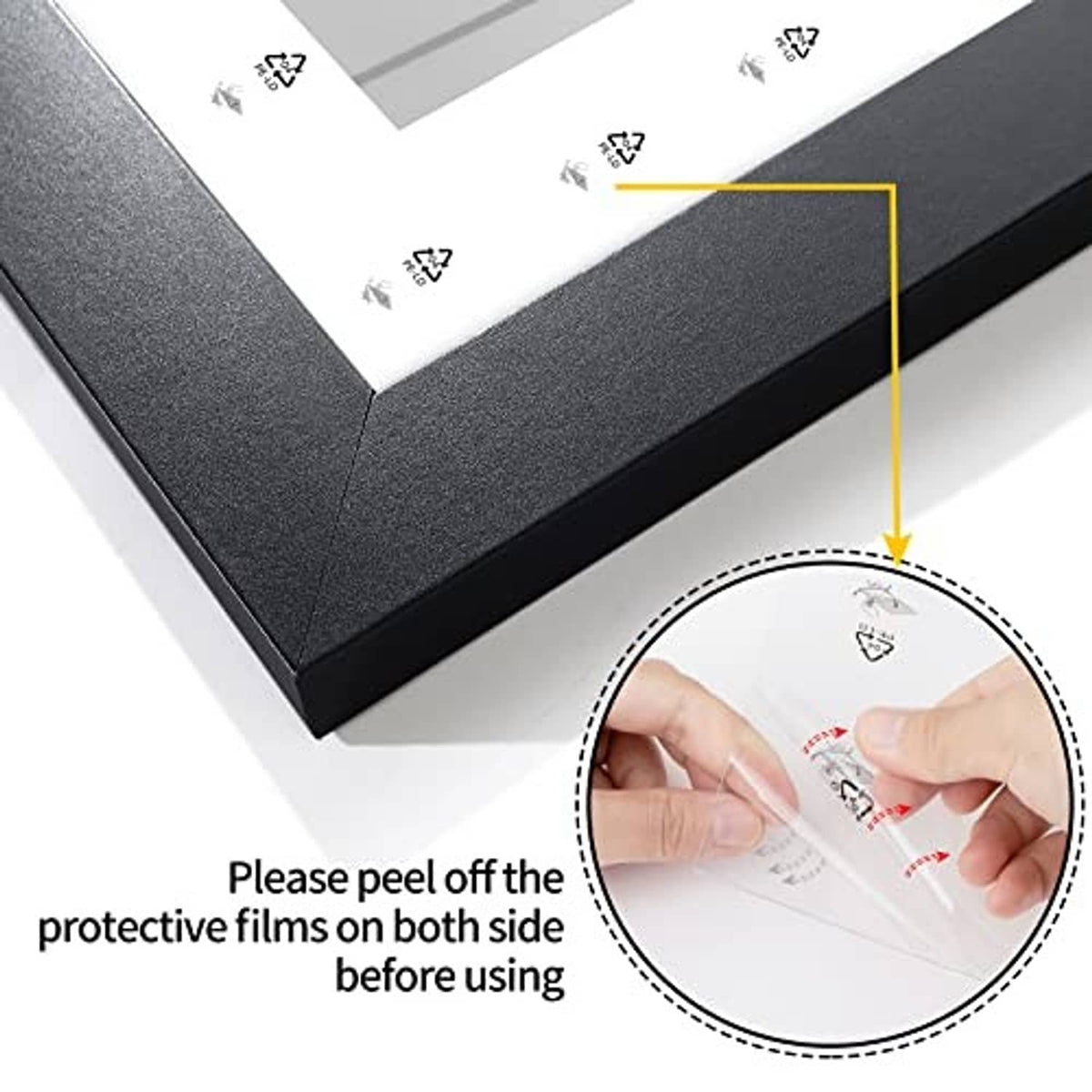 Black picture frame corner with protective film on clear cover