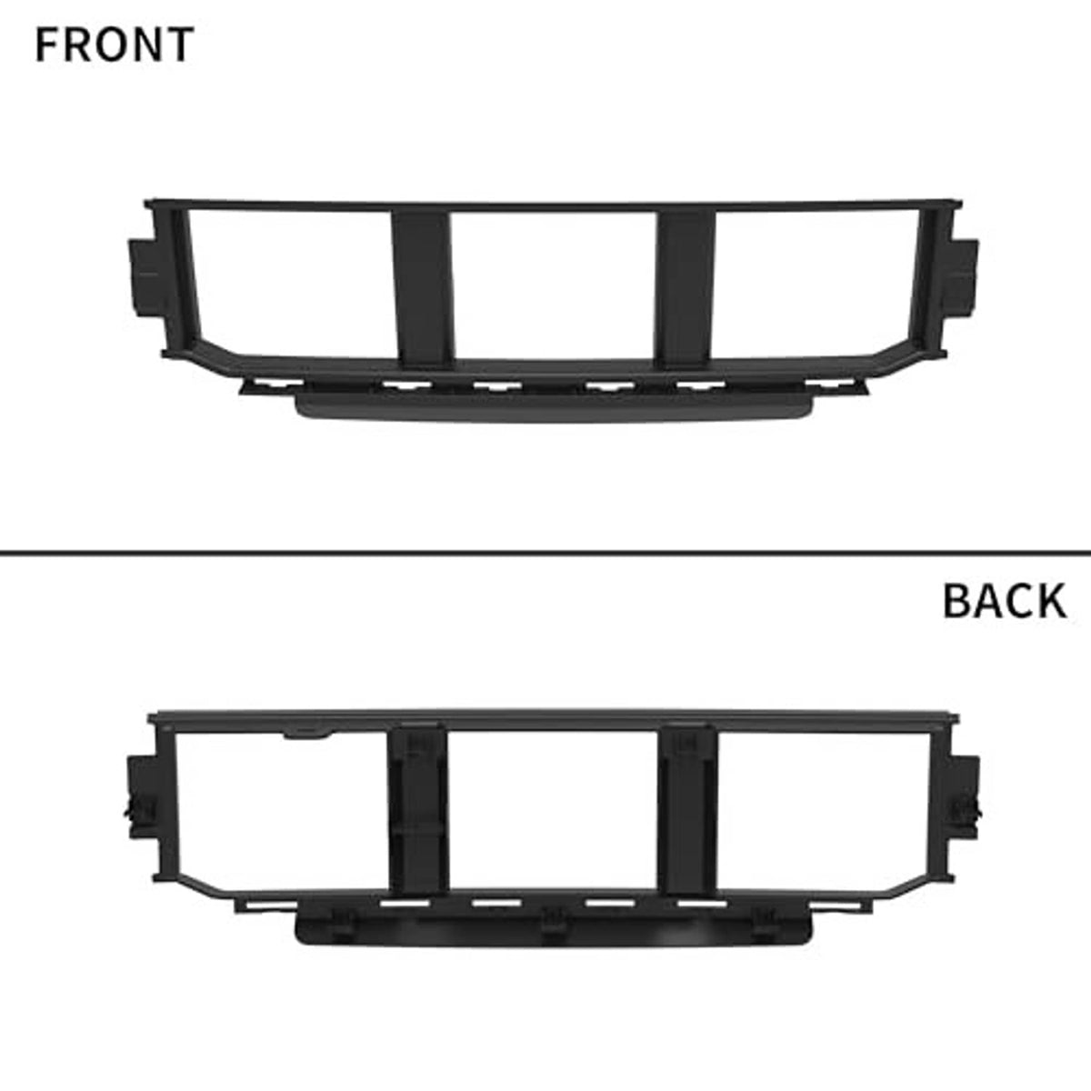 Black front lower center bumper grille, front and back view