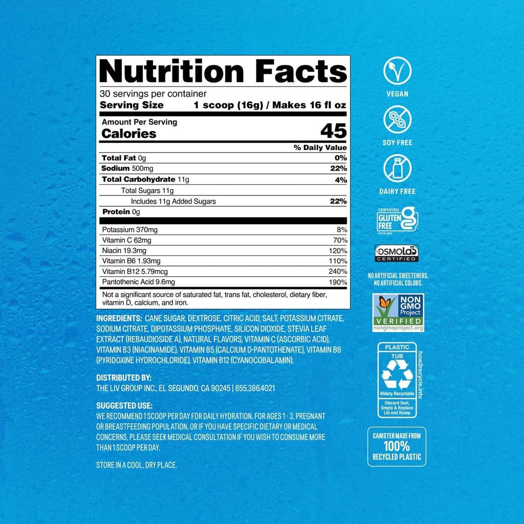 Nutrition Facts label panel for hydration electrolytes drink mix with dietary icons