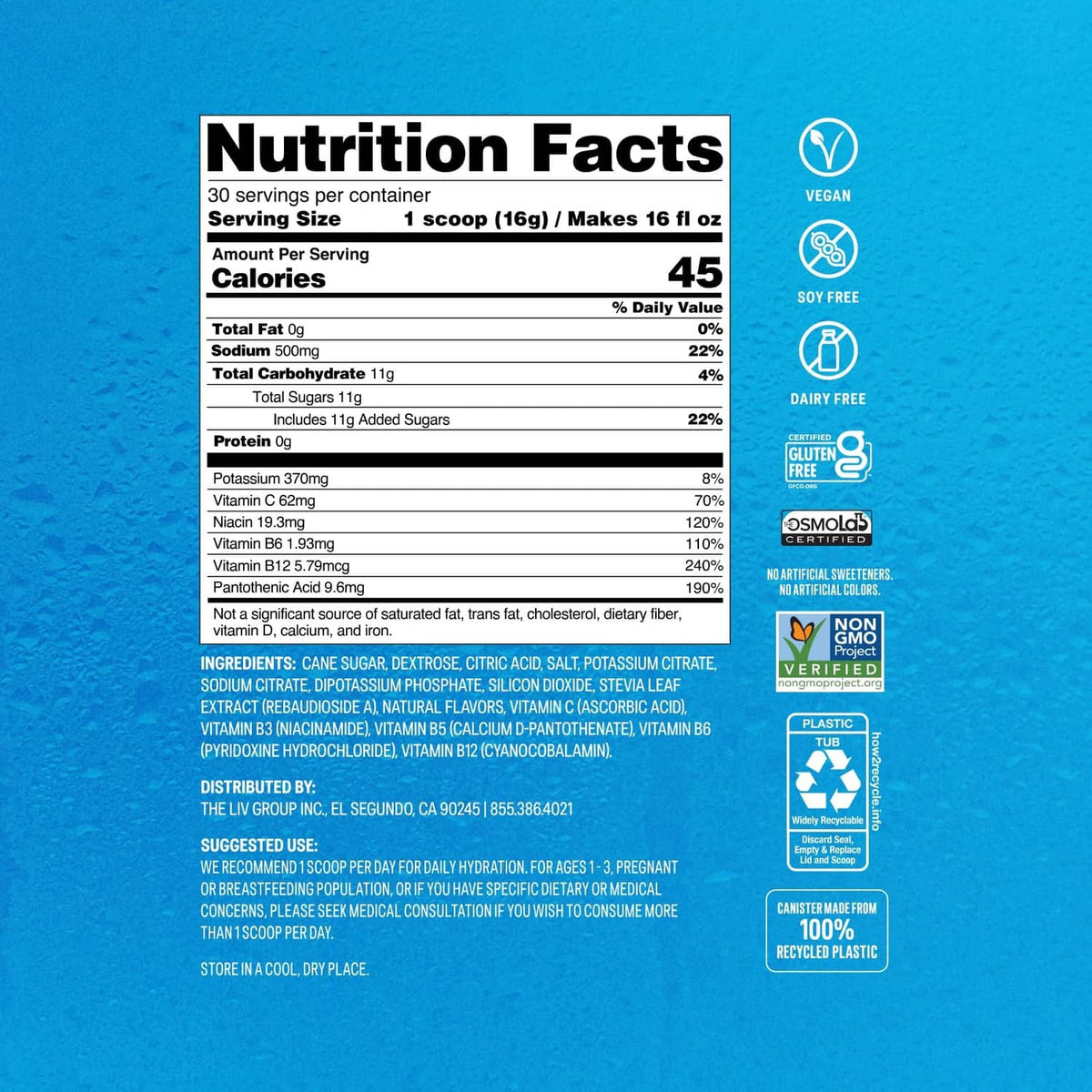 Nutrition Facts label panel for hydration electrolytes drink mix with dietary icons