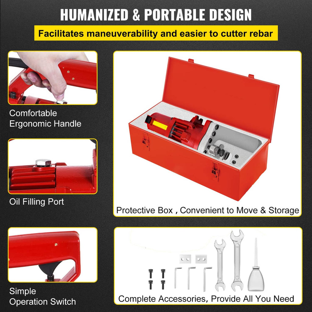Red electric rebar cutter in protective storage box with included accessories