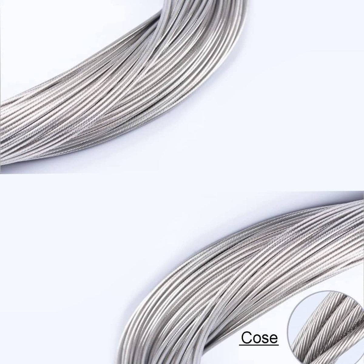 Close-up of silver stainless steel shifter cable coil with parallel wires