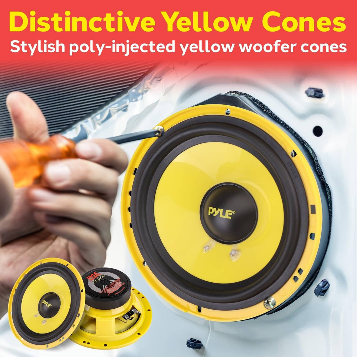 Yellow-cone 6.5-inch woofer with logo, with included tweeter and grille parts