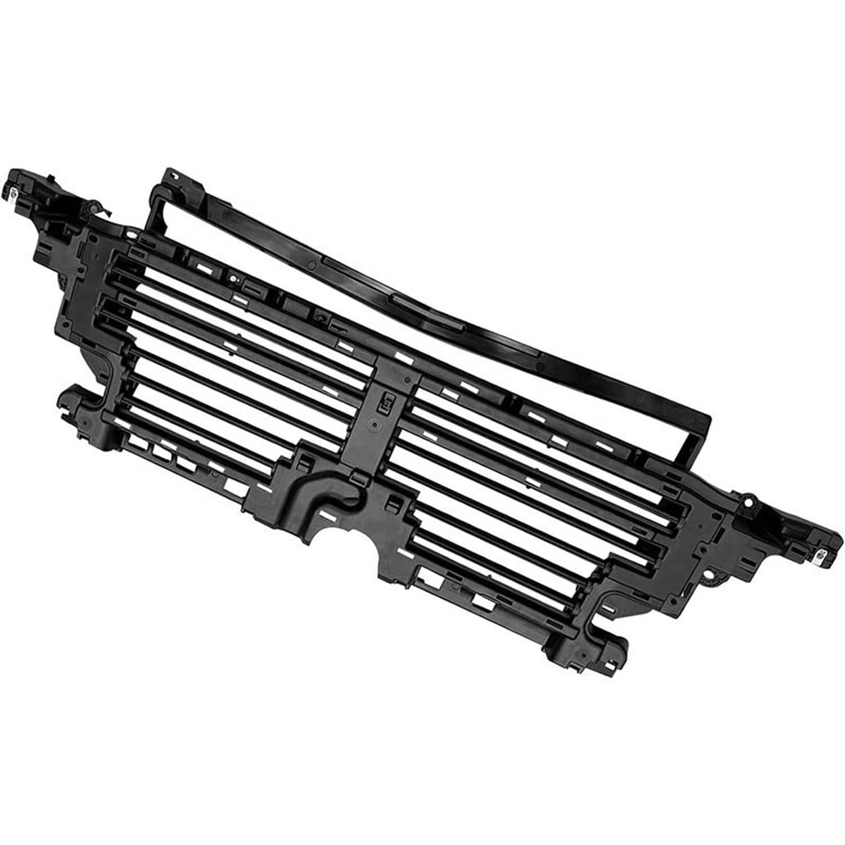 Black grille shutter panel with horizontal bars and vehicle mounting tabs