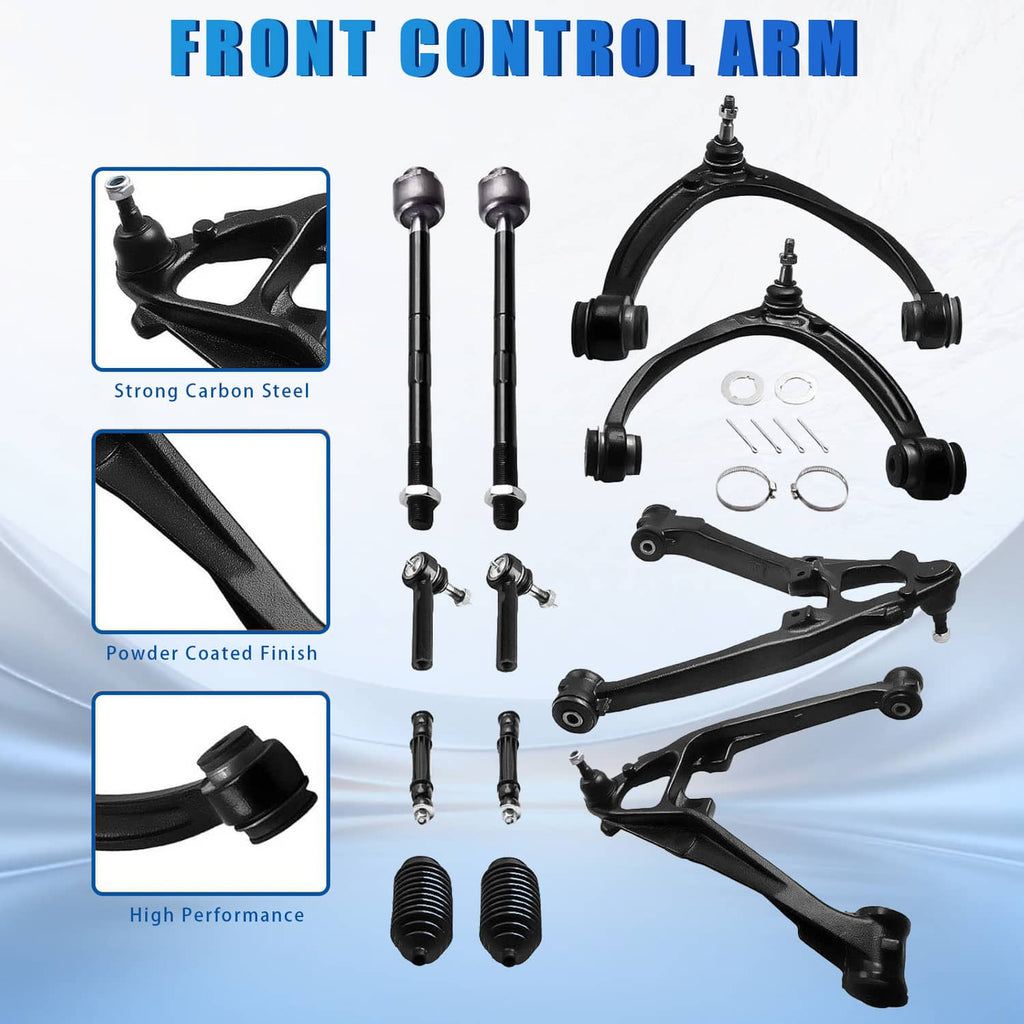 Front control arm set with two arms, tie rods, ball joints, and rubber boots, black